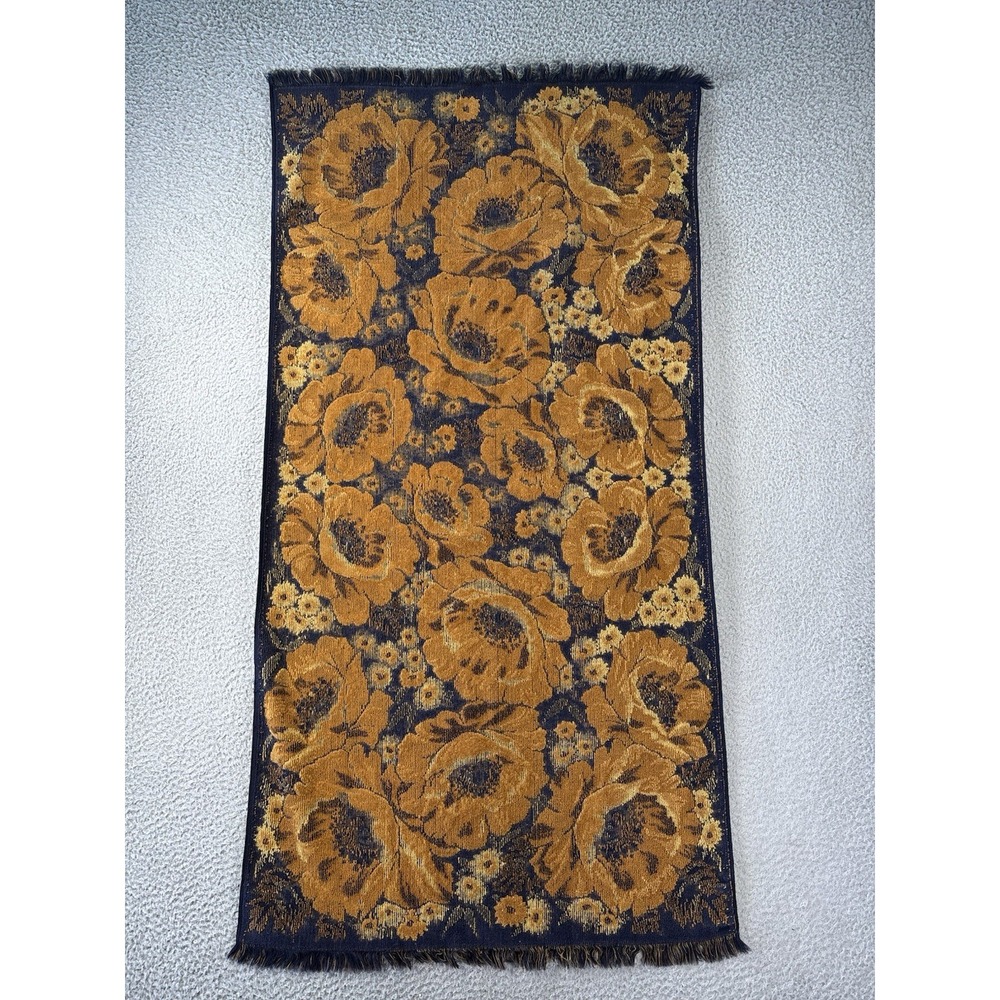 Vintage Fieldcrest Poppy Bath Towel 49x26 Poppies Floral Fringe Navy Gold 70s